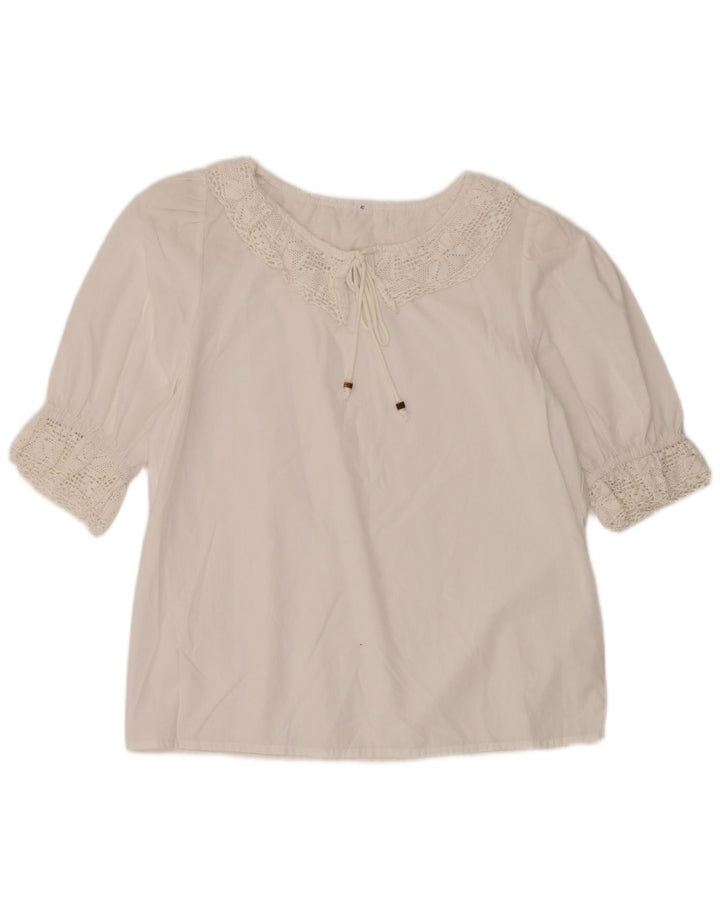 vintage Femmes 3/4 Manches Blouse Top EU 40 Blanc Moyen