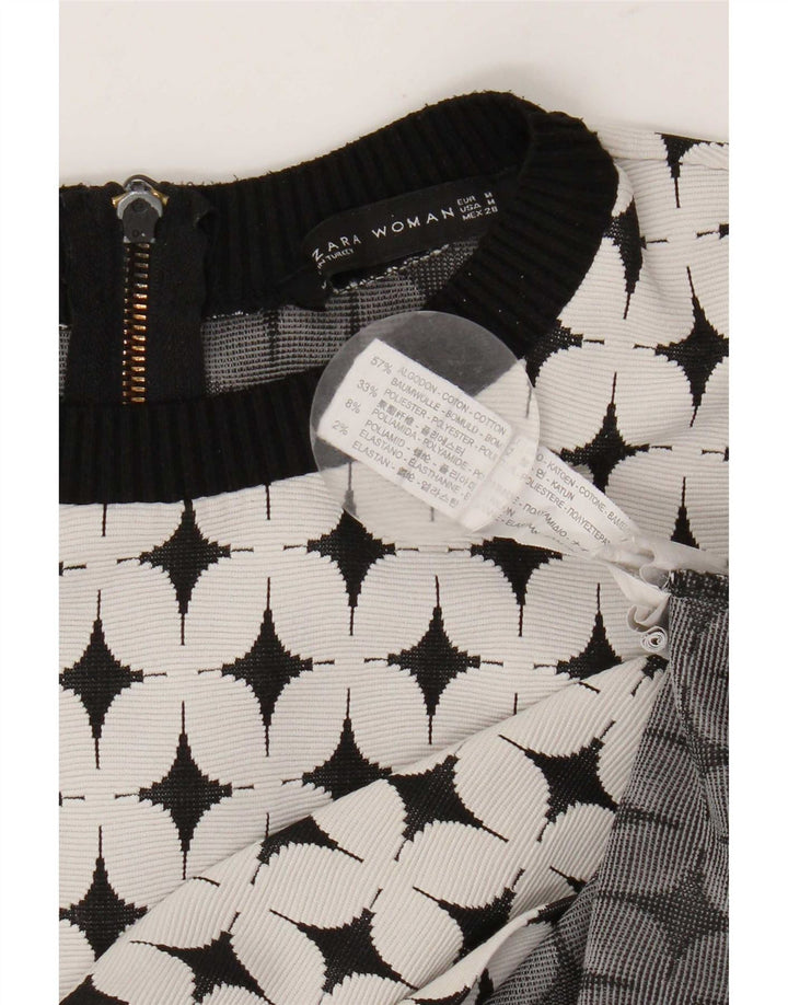 Zara Robe trapèze à motif abstrait pour femme UK 12 en coton blanc moyen