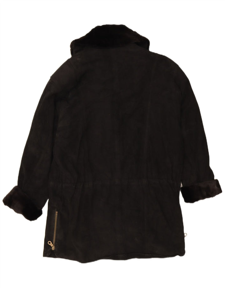 vintage Femmes Suède Overcoat Oversize EU 38 Cuir Noir Moyen
