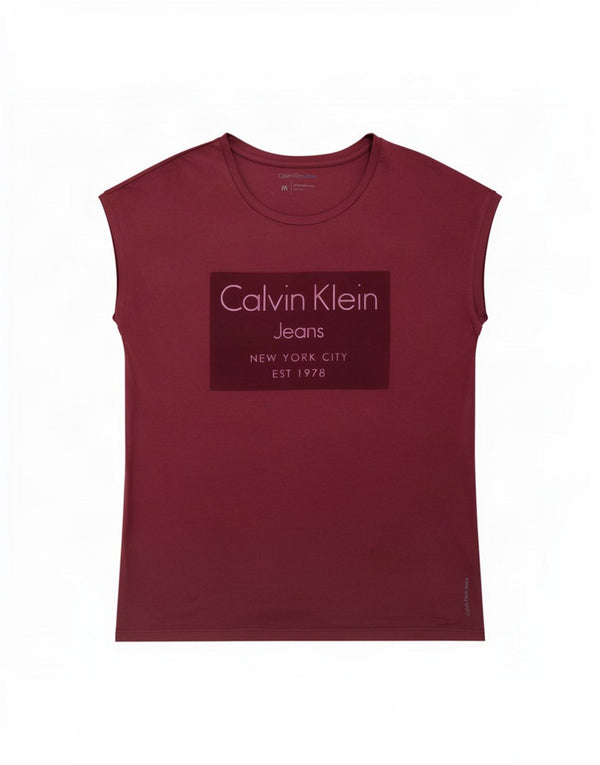 Calvin Klein Jeans T-shirt graphique pour femme UK 14 Coton bordeaux moyen