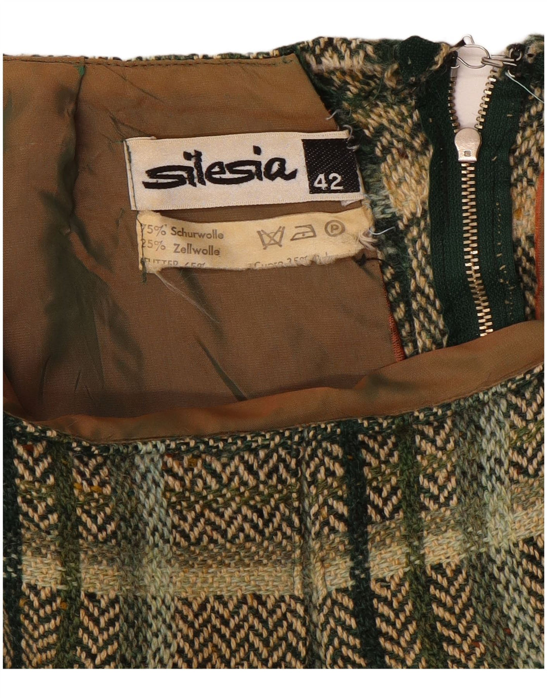 Silesia Jupe trapèze pour femme EU 42 Large W32 Kaki Check Laine
