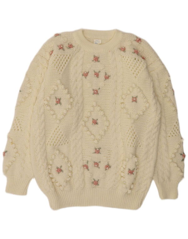 vintage Femmes Crew Neck Jumper Pull UK 20 2XL Off White Floral