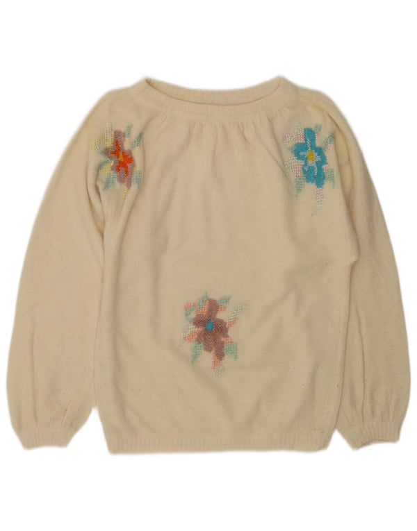 vintage Femmes Bateau Cou Jumper Pull UK 12 Moyen Off White Floral