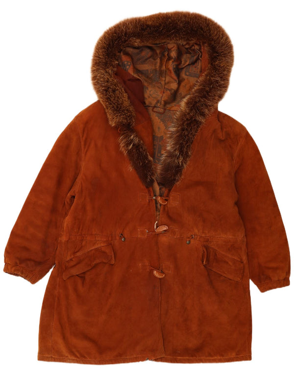 vintage Femmes Surdimensionné À Capuchon En Daim Pardessus IT 44 Cuir Marron Moyen