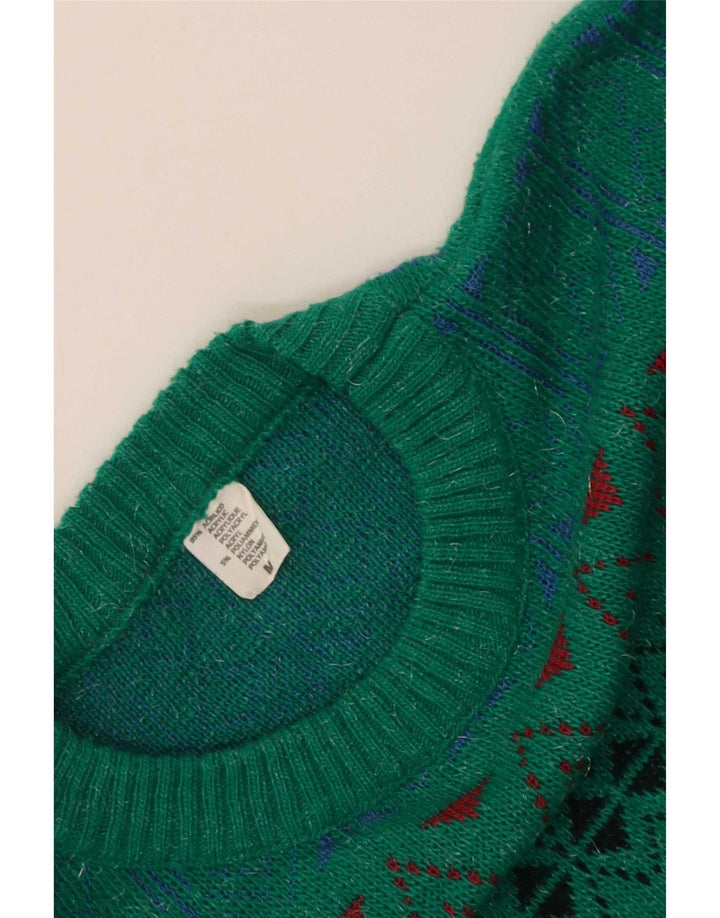 vintage Mens Crew Neck Jumper Pull Moyen Vert Géométrique Acrylique