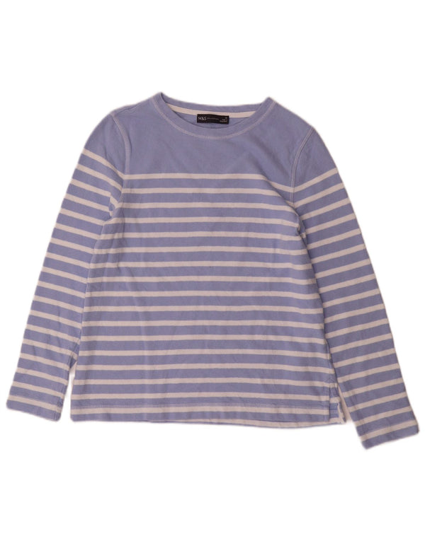 Marks & Spencer Haut à manches longues pour femme UK 10 Petit coton rayé bleu