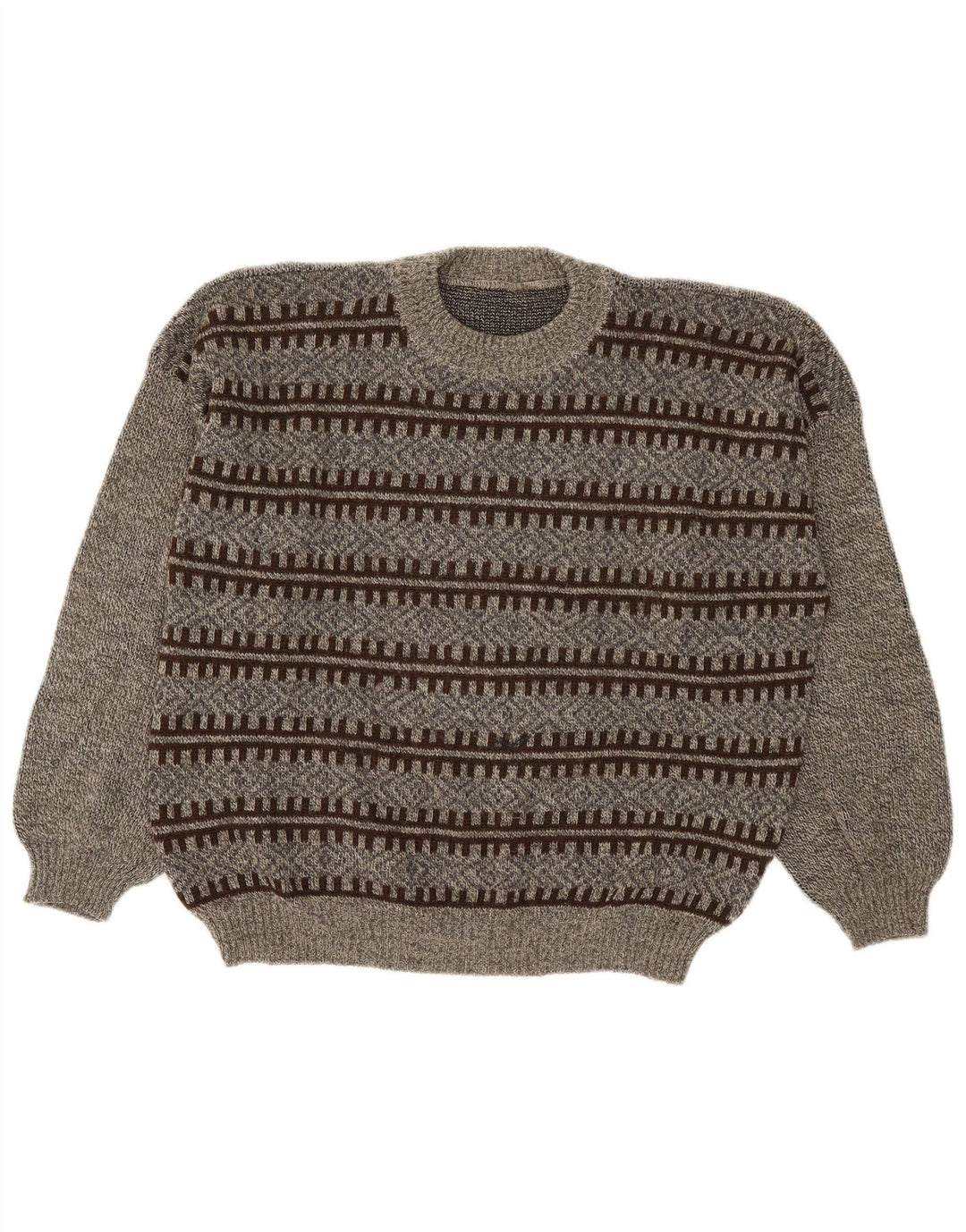 vintage Mens Crew Neck Jumper Pull Grand Gris Géométrique