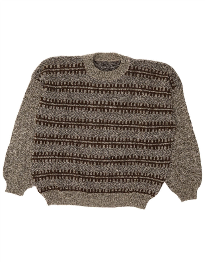 vintage Mens Crew Neck Jumper Pull Grand Gris Géométrique