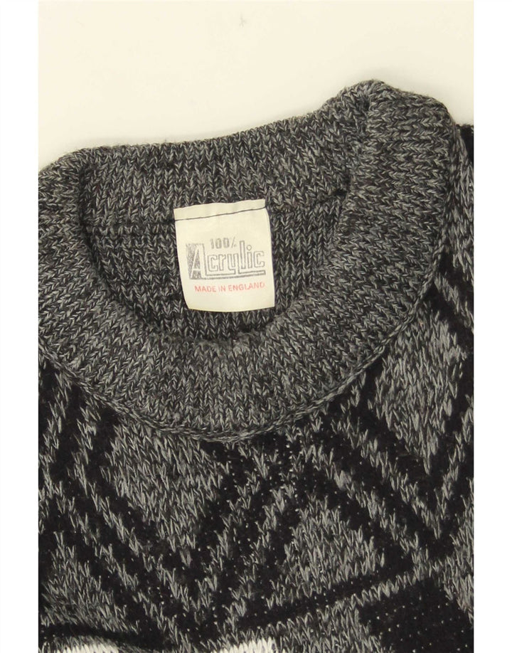 vintage Mens Crew Neck Jumper Pull Moyen Gris Géométrique Acrylique