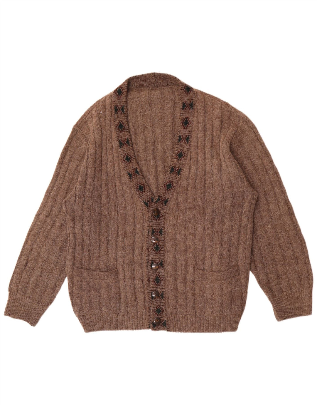 vintage Mens Cardigan Pull Grand Marron Géométrique