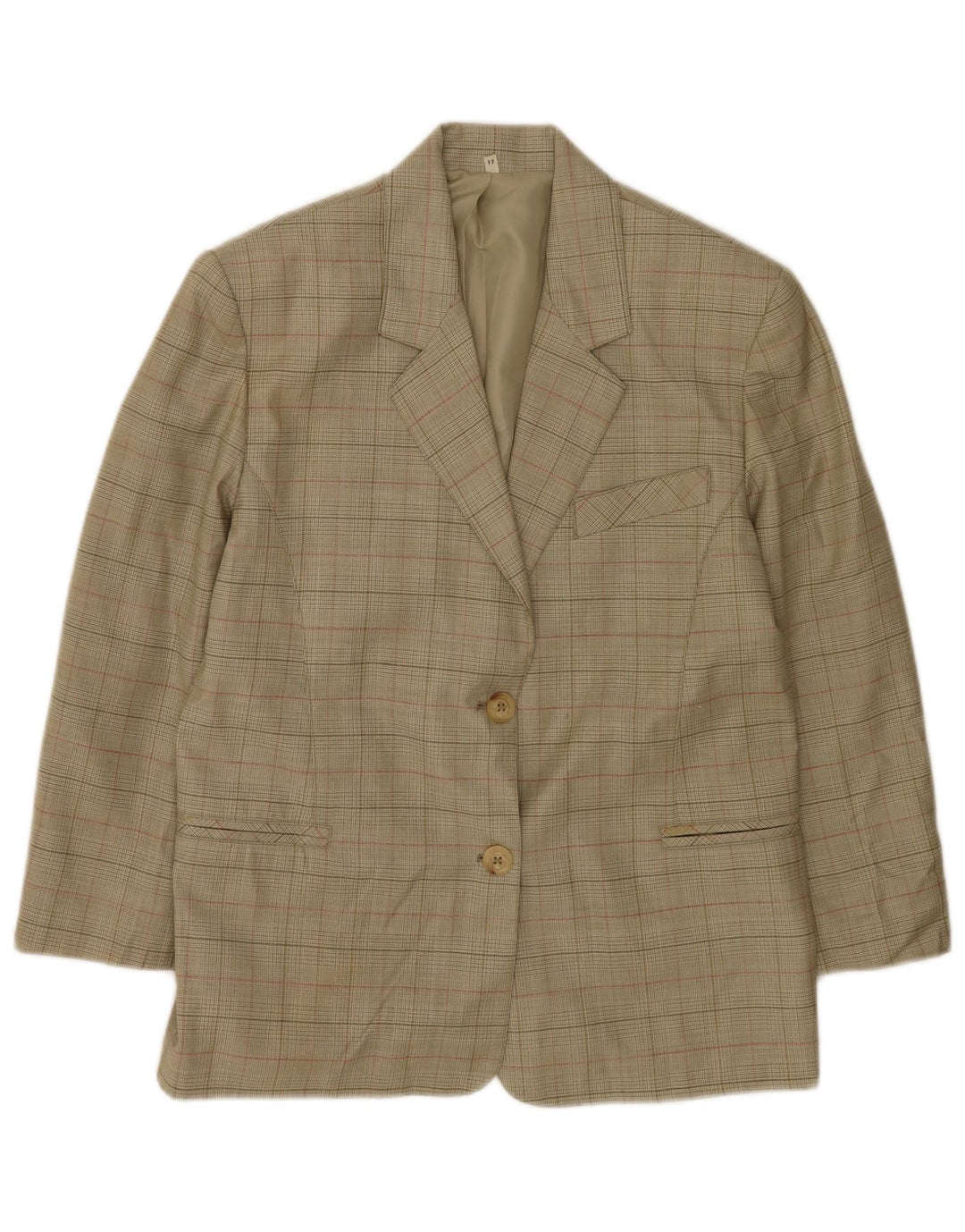 vintage Femme 2 Bouton Blazer Veste IT 44 Moyen Kaki Check Virgin Wool