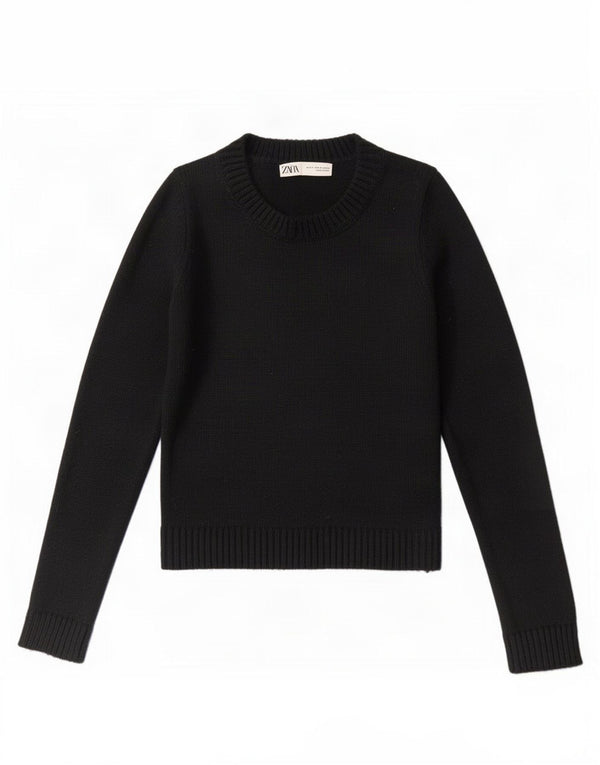 Zara Womens Crop Crew Neck Jumper Sweater UK 8 Petit Acrylique Noir