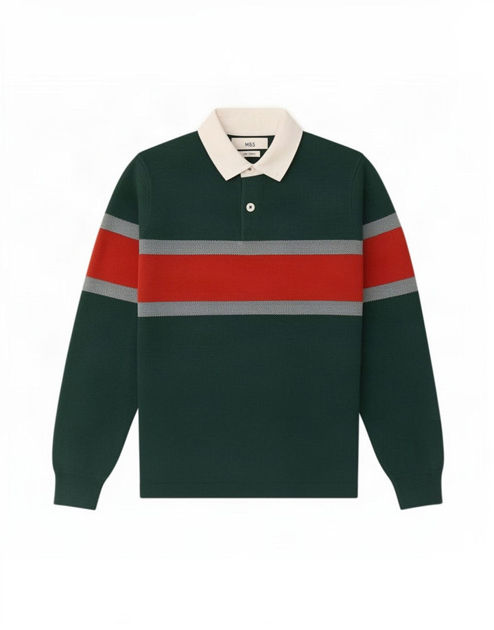 Marks & Spencer Pull à col polo pour homme Petit Vert Colorblock