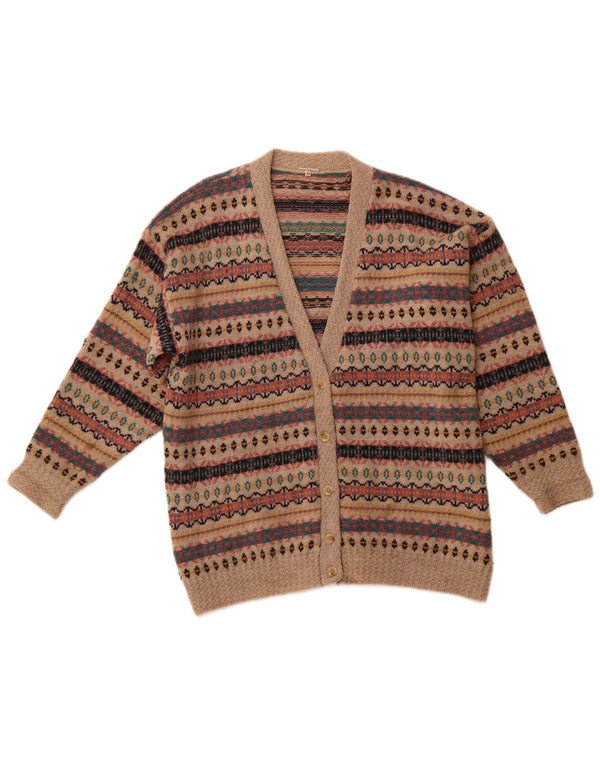 VINTAGE Pull Cardigan Femme UK 14 Grande Laine Fair Isle Brune