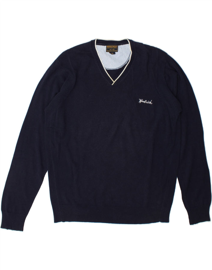 WOOLRICH Mens V-Neck Jumper Sweater 2XL Navy Blue Cotton Vintage Woolrich and Second-Hand Woolrich from Messina Hembry 