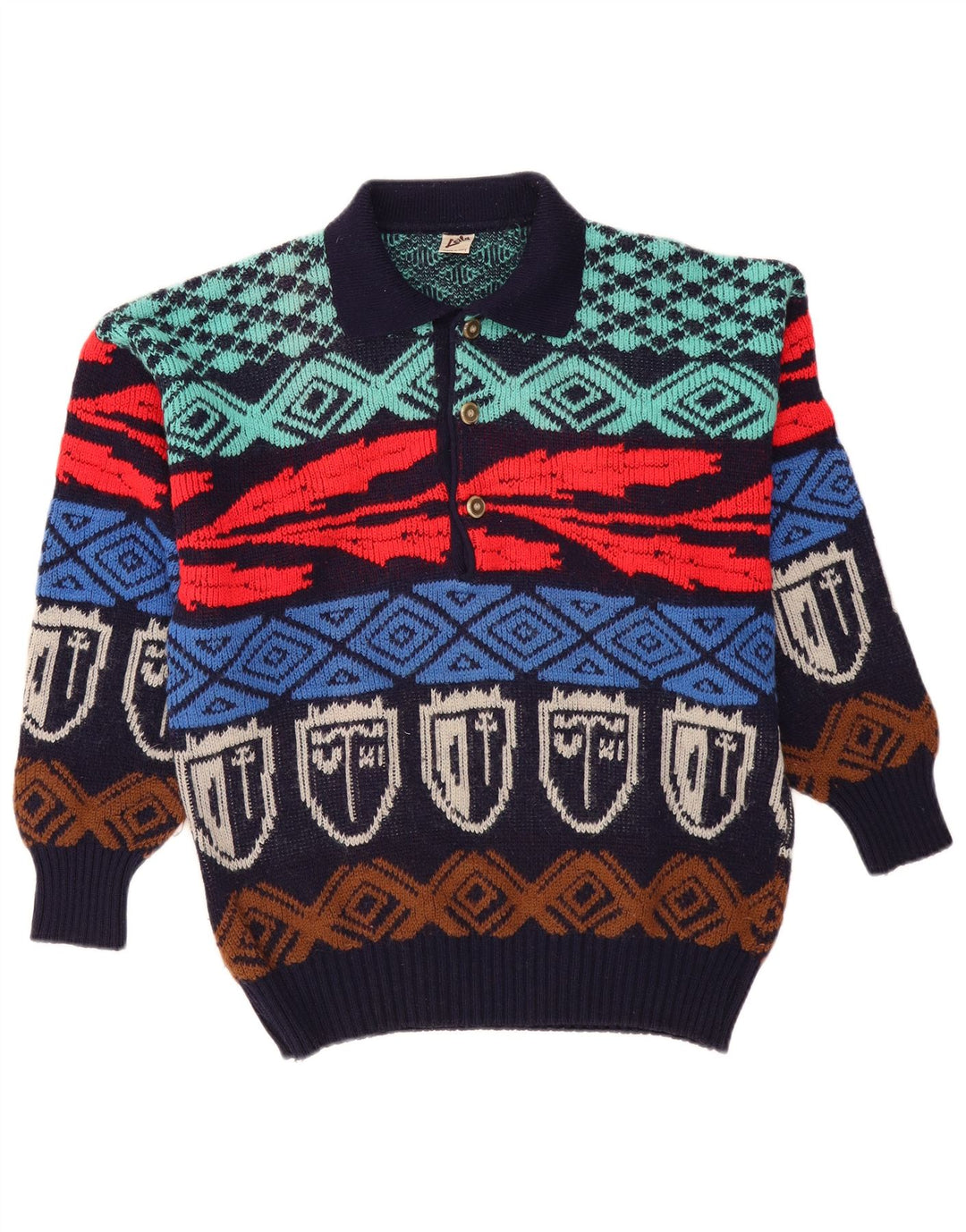 vintage Mens Polo Neck Jumper Sweater IT 50 Moyen Multicolore Géométrique
