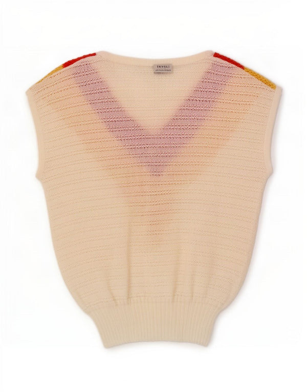 vintage Womens Vest Tank Top UK 10 Petit Blanc Colourblock Coton