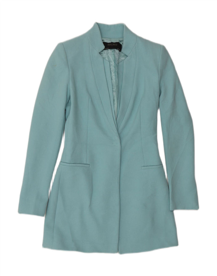 Zara Womens 1 Button Longline Blazer Jacket UK 6 XS Bleu Acétate