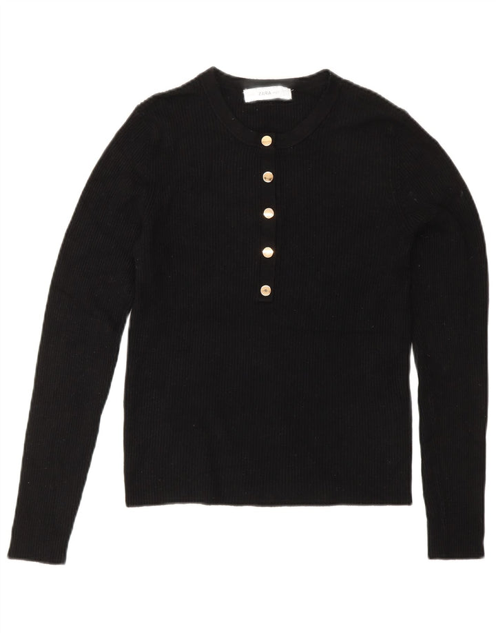 ZARA Pull court à col boutonné pour femme UK 12 Viscose noir moyen