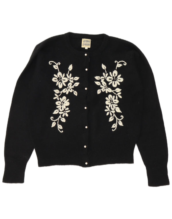 vintage Femmes Surdimensionné Cardigan Pull UK 10 Petit Noir Floral