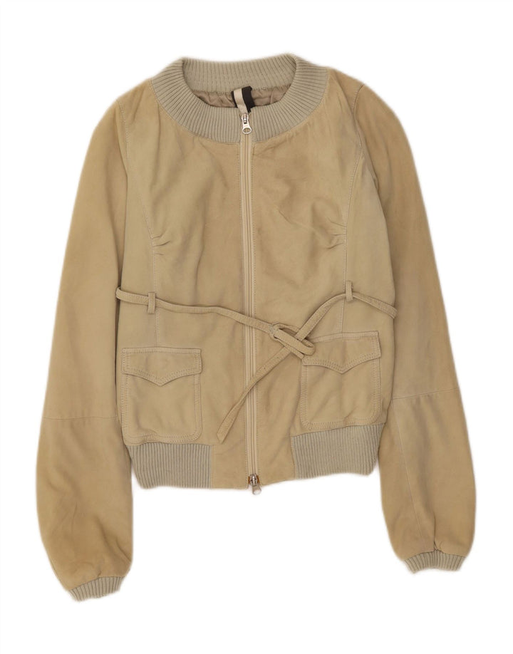 BROGDEN Womens Crop Suede Bomber Jacket IT 42 Medium Beige Leather