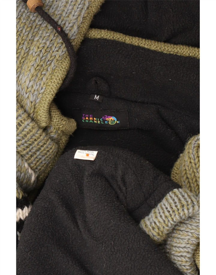 VINTAGE Cardigan à capuche pour homme en laine Fair Isle kaki moyen