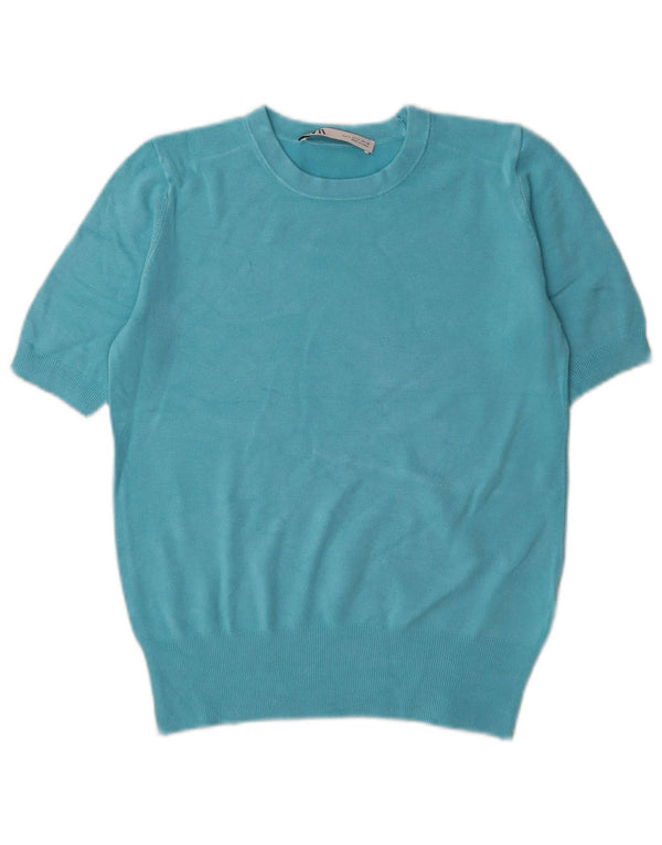 Zara Pull à manches courtes et col rond pour femme UK 10 Small Bleu Viscose