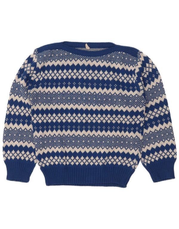 vintage Femmes Bateau Cou Jumper Pull UK 12 Moyen Bleu Fair Isle