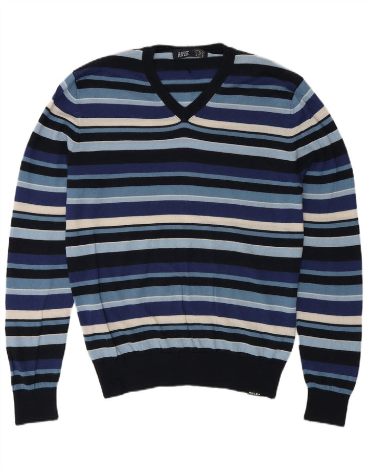 Rifle Pull col V Homme Laine Rayée Bleu Marine Moyen