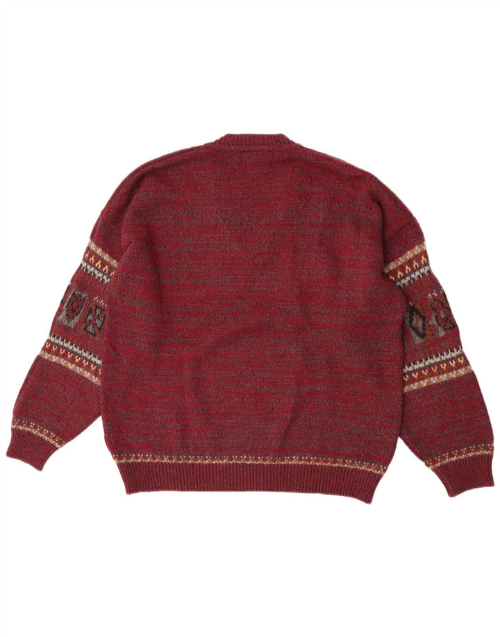 Fiume Pull col V pour homme en laine Fair Isle bordeaux Taille L