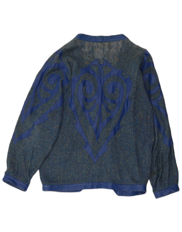 VINTAGE Femme Graphique Cardigan Pull UK 16 Grand Bleu Moucheté