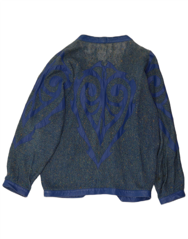VINTAGE Femme Graphique Cardigan Pull UK 16 Grand Bleu Moucheté