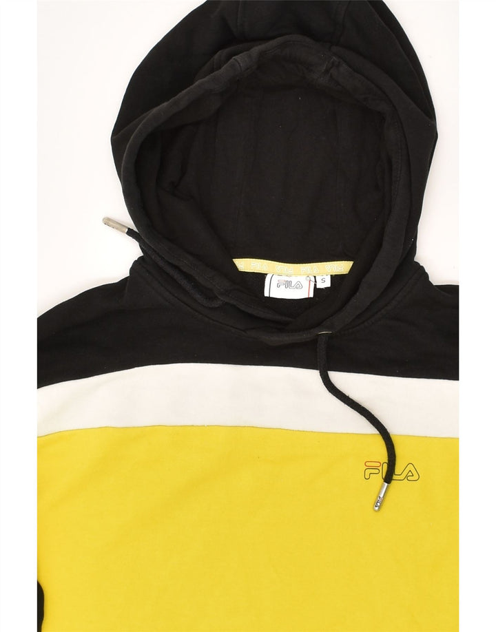 FILA Mens Graphic Hoodie Jumper Small Yellow Colourblock Cotton | Vintage Fila | Thrift | Second-Hand Fila | Used Clothing | Messina Hembry 