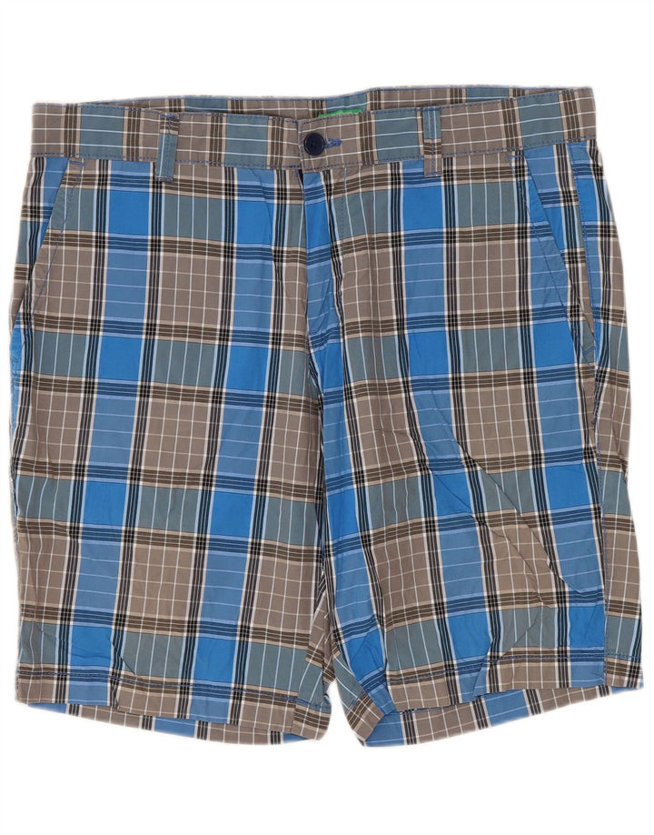 BENETTON Short Chino Homme W34 Grand Carreau Bleu Coton