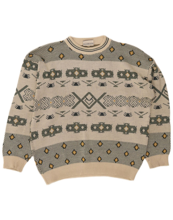 vintage Mens Crew Neck Jumper Pull Grand Blanc Cassé Colorblock Rétro