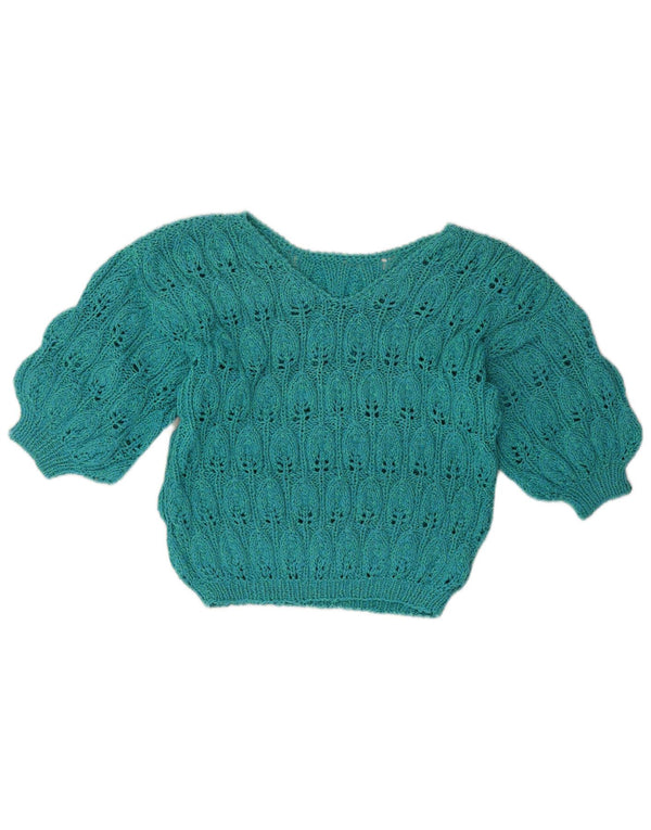 vintage Womens Crop 3/4 Manches V-Col Jumper Pull UK 14 Grand Vert