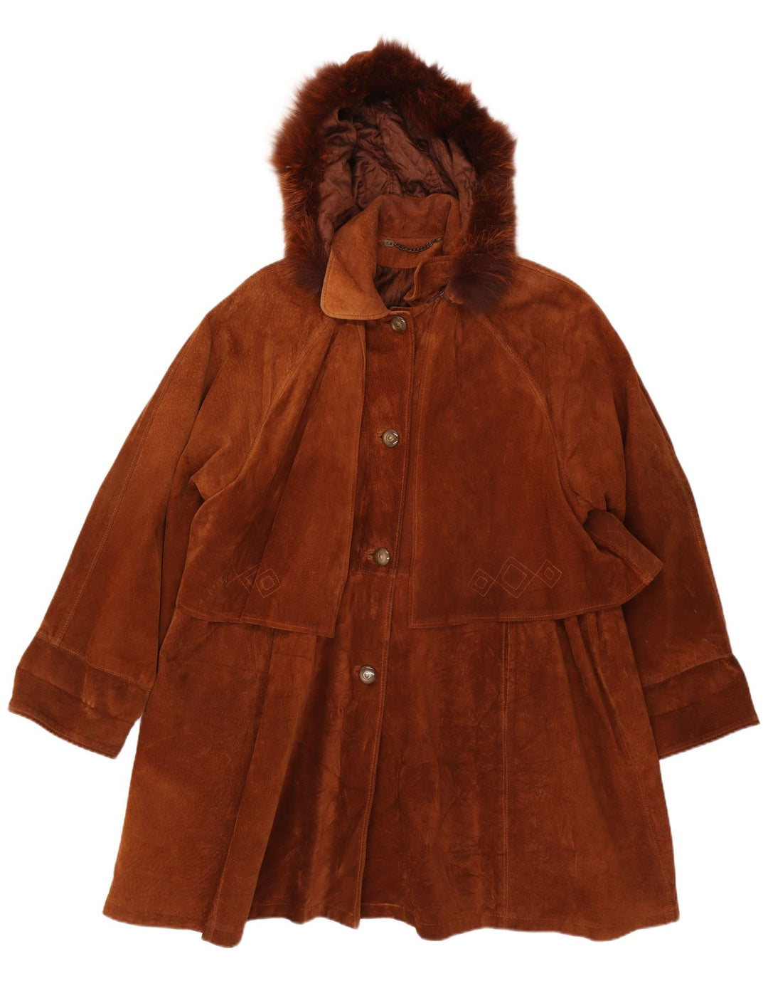 vintage Femmes Surdimensionné À Capuchon En Daim Pardessus IT 44 Cuir Marron Moyen