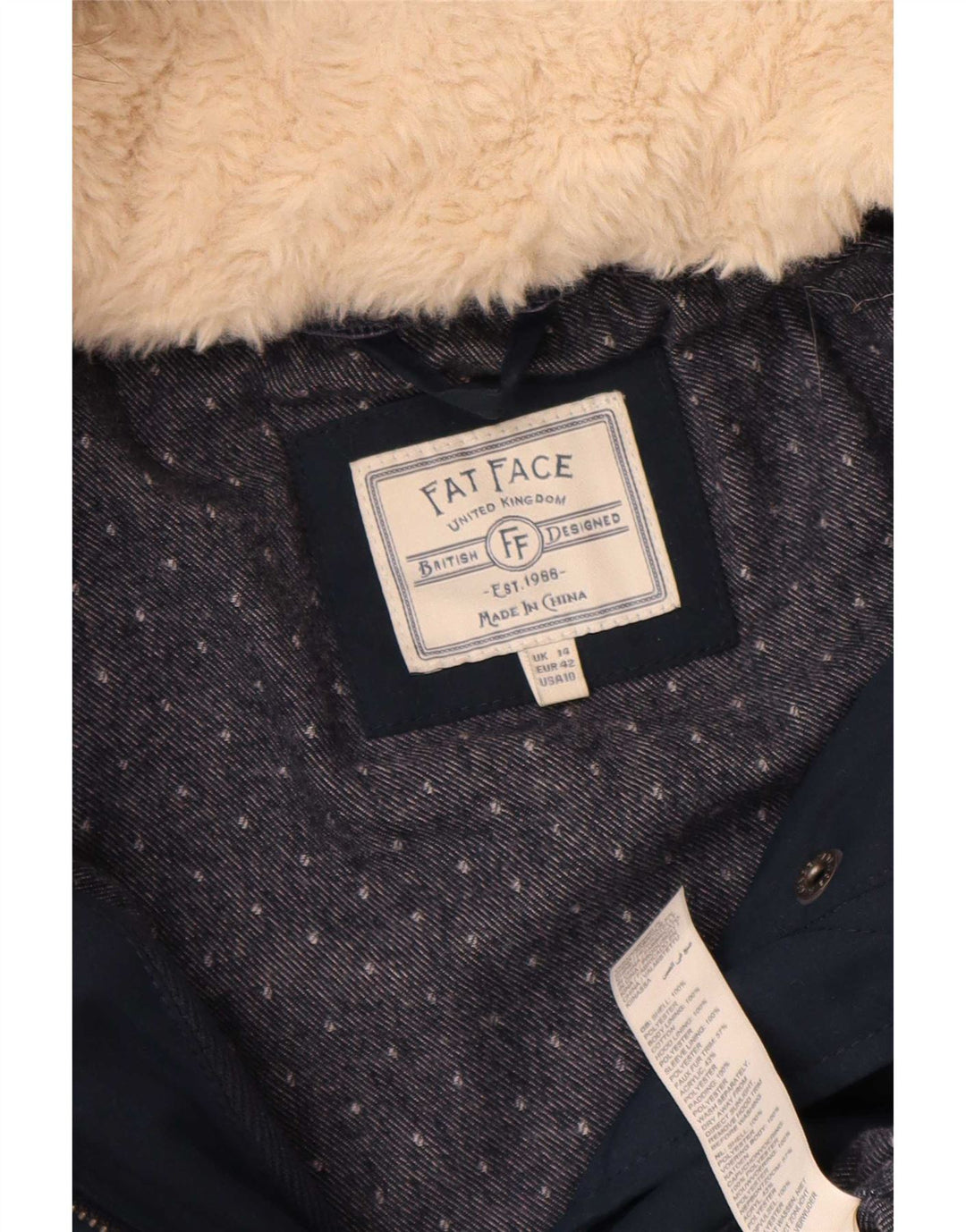 Fat Face Veste matelassée à capuche pour femme UK 14 Large Bleu Marine Polyester