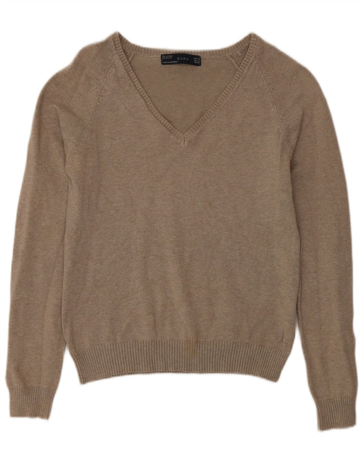 Zara Pull col en V pour femme UK 12 Gris moyen Coton