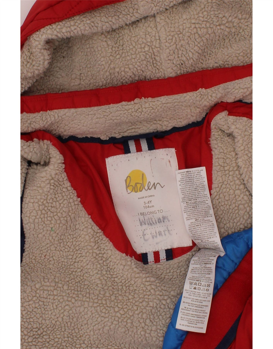 Veste matelassée à capuche Boden garçon 3-4 ans rouge polyester