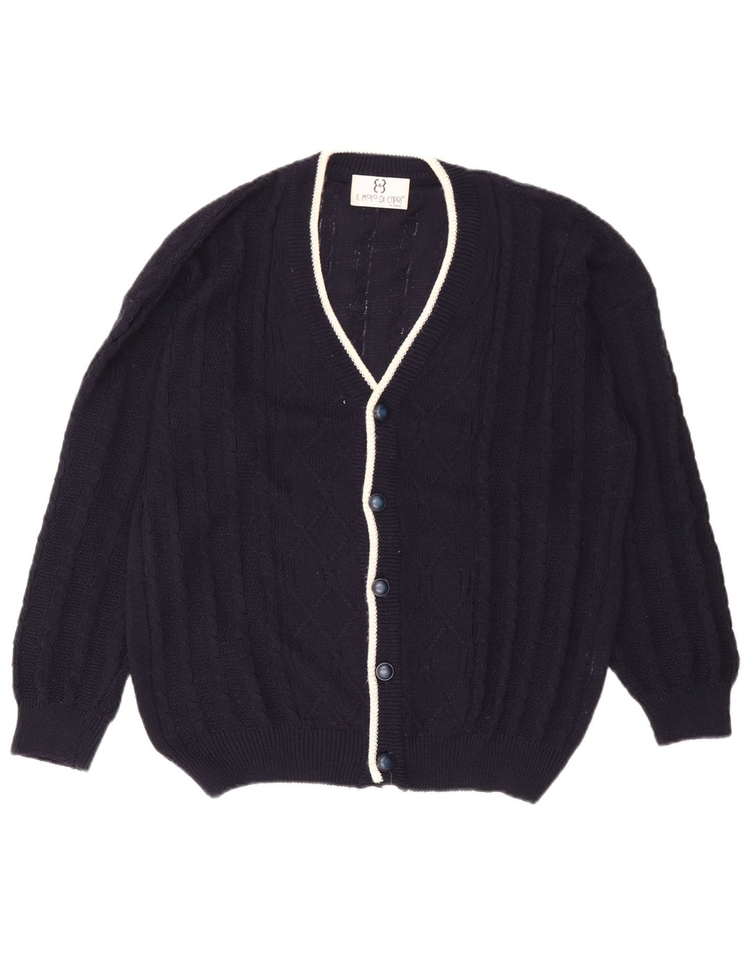 vintage Mens Cardigan Pull Grand Coton Bleu Marine