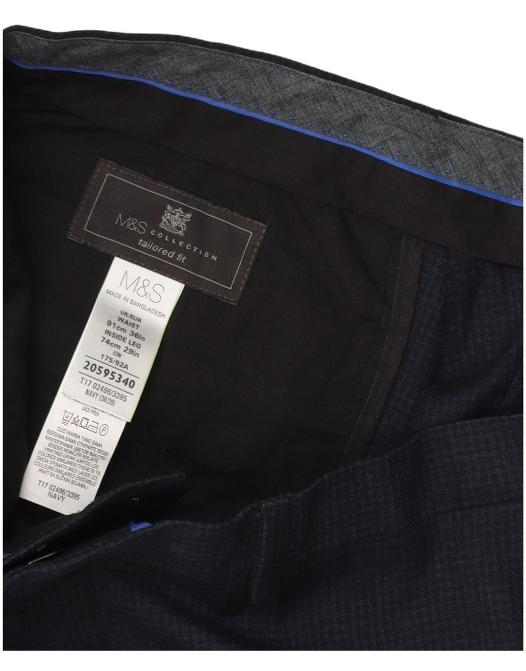 Marks & Spencer Pantalon de costume coupe ajustée pour homme W36 L29 Bleu marine à carreaux