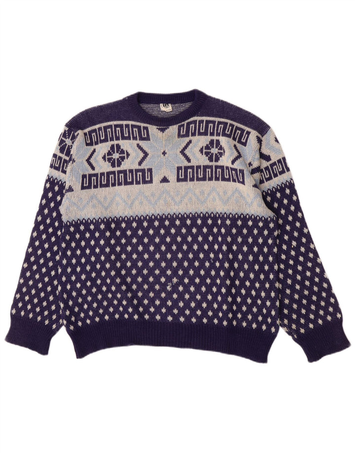 vintage Mens Crew Neck Jumper Pull Moyen Bleu Marine Géométrique