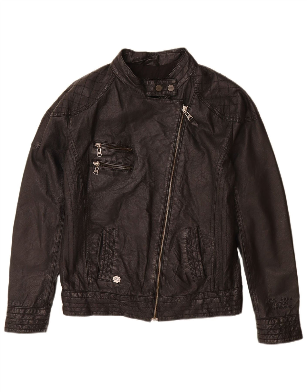 PEPE Jeans Veste de motard en cuir pour femme UK 14 Cuir noir moyen