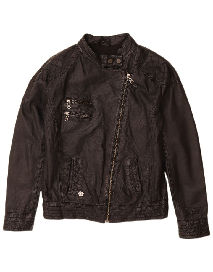PEPE Jeans Veste de motard en cuir pour femme UK 14 Cuir noir moyen