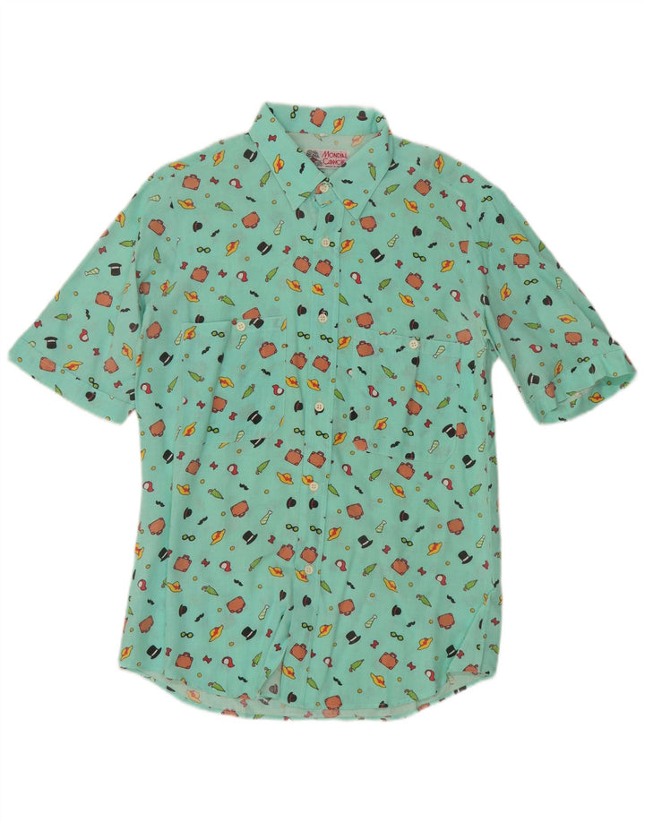vintage Womens Abstract Pattern Chemise à manches courtes UK 12 Vert moyen