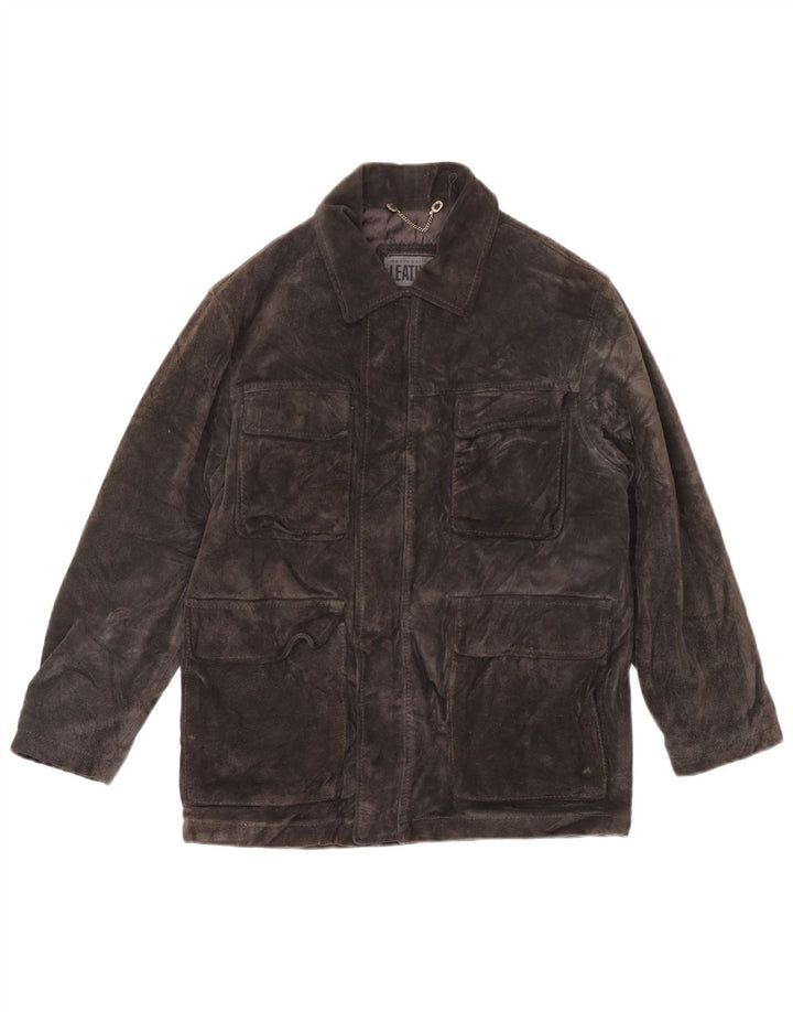 veste coupe-vent surdimensionnée en daim femme vintage UK 10 petit cuir gris