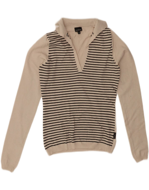 CALVIN KLEIN JEANS Pull à col polo pour femme UK 10 Small Off White