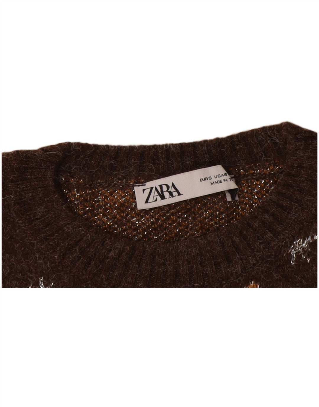 Zara Pull à col bateau à motif abstrait pour femme UK 10 Petit Marron
