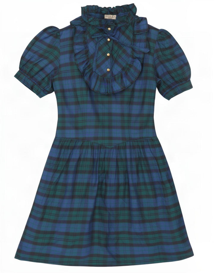 Robe trapèze à volants pour femmes vintage IT 42 Soie à carreaux bleu marine moyen
